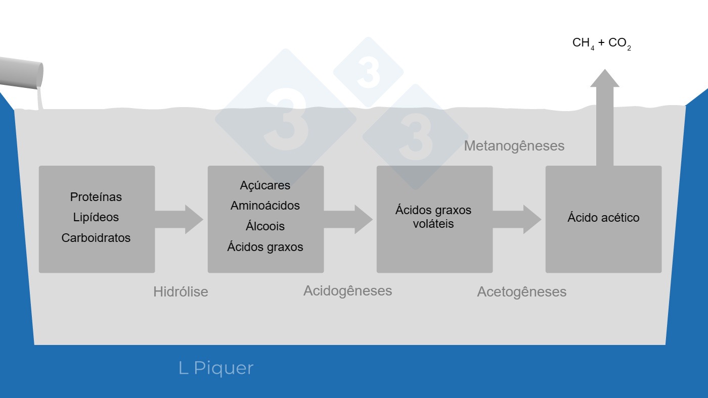 Ciclo de formação de metano (CH4) durante armazenamento do dejeto.